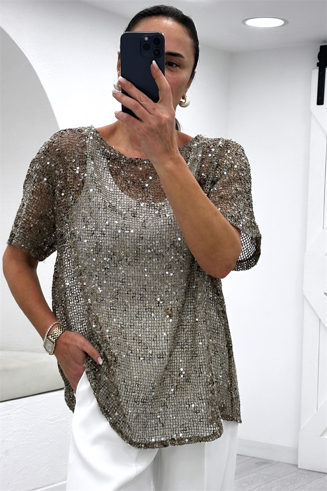 Kahverengi Pullu Bluz 3701