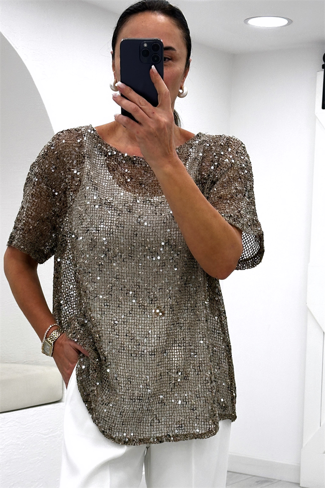 Kahverengi Pullu Bluz 3701