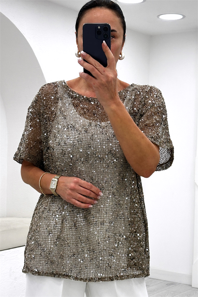 Kahverengi Pullu Bluz 3701