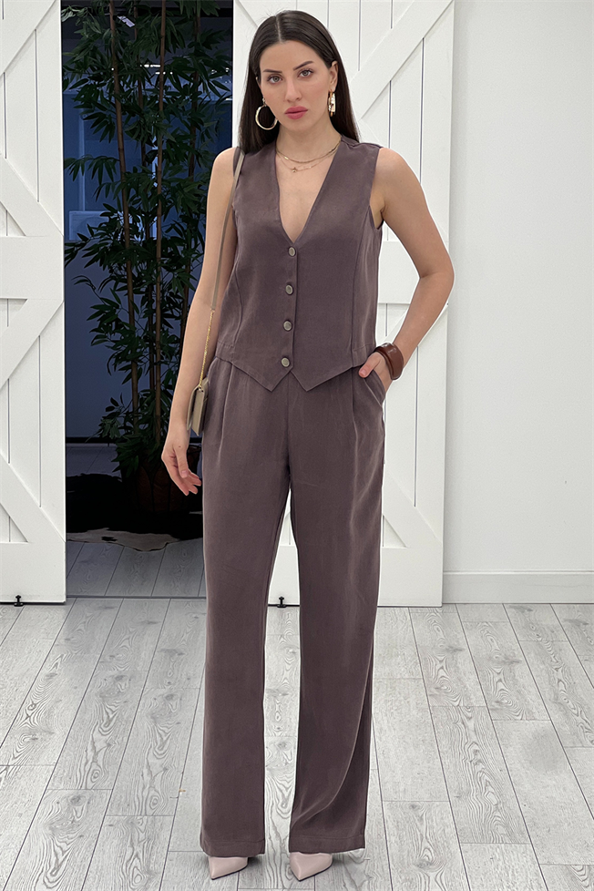 Kahverengi Tencel Yelek Pantolon Takım 2795