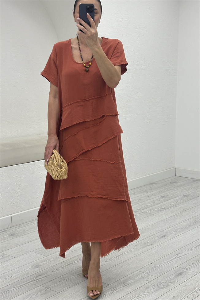 Kiremit Oversize Müslin Elbise 3866