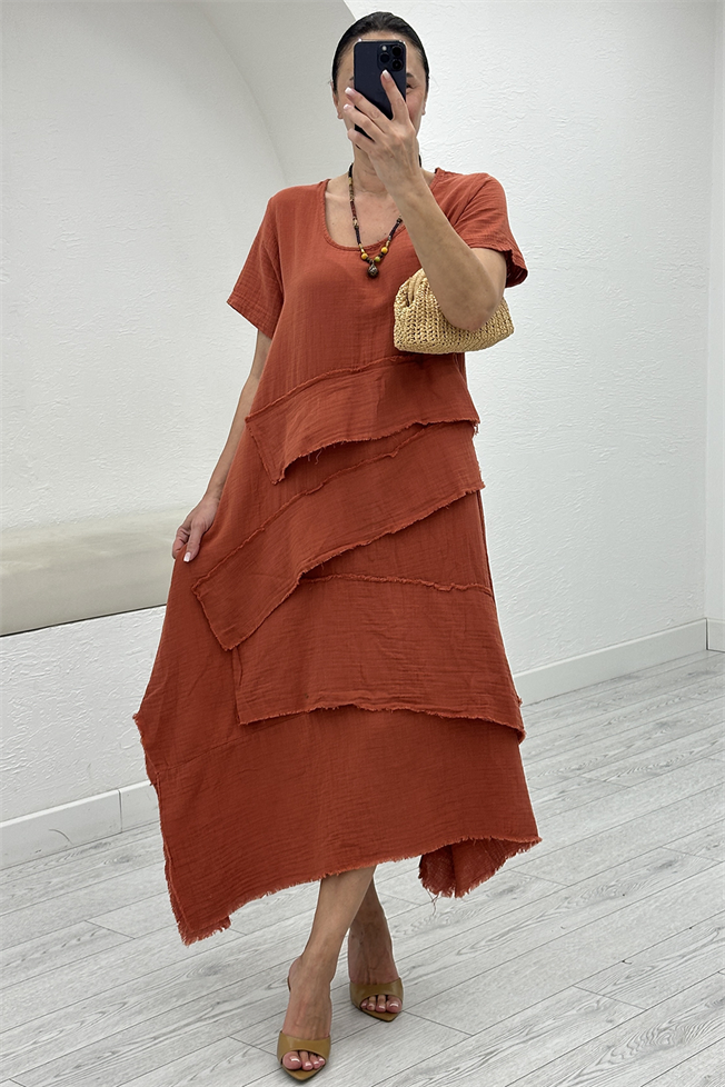 Kiremit Oversize Müslin Elbise 3866
