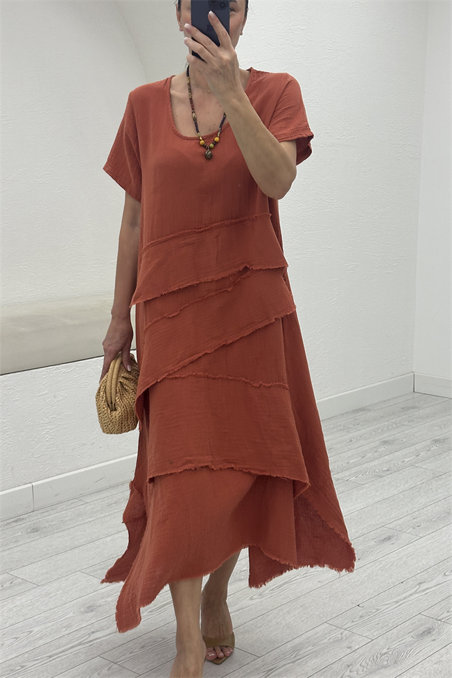 Kiremit Oversize Müslin Elbise 3866