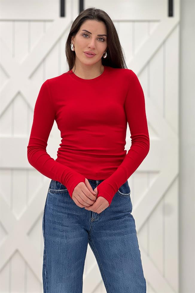 Kırmızı Bisiklet Yaka Kolu Yırtmaç Detay Bluz 5068