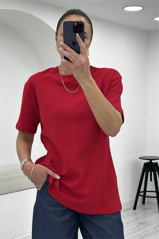Kırmızı Bisiklet Yaka Oversize Tshirt 3387