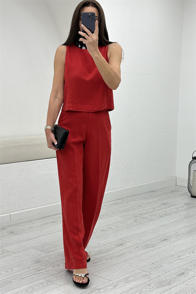 Kırmızı Crop Pantolon Takım 0010