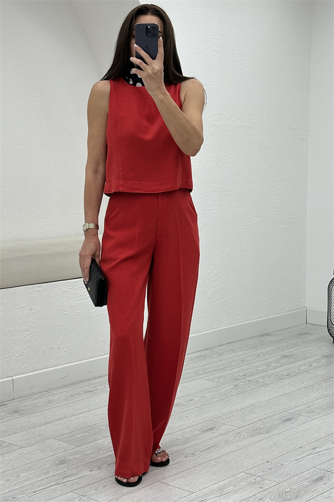 Kırmızı Crop Pantolon Takım 0010