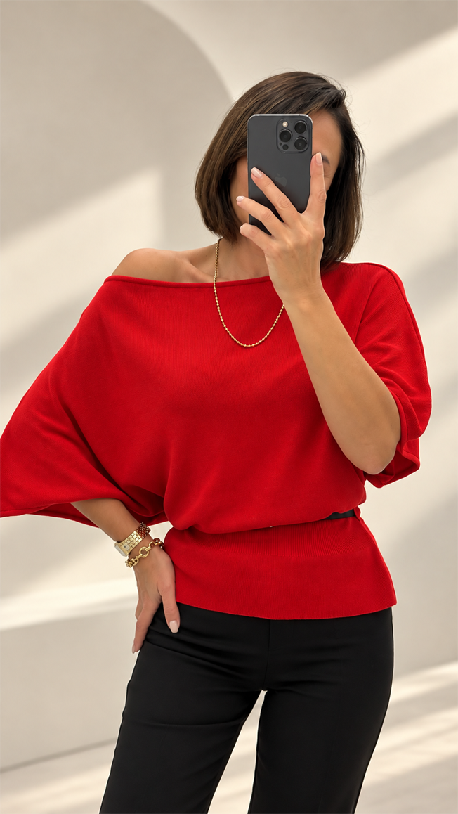Kırmızı Kemerli Triko Bluz 251375