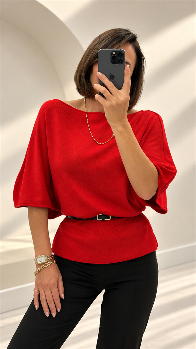 Kırmızı Kemerli Triko Bluz 251375