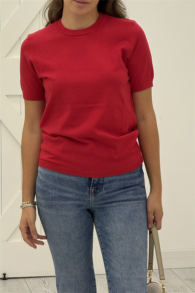 Kırmızı Kısa Kol Bisiklet Yaka Triko 4579