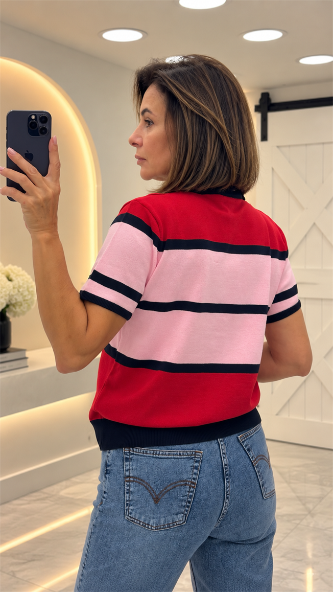 Kırmızı Polo Yaka Önü Düğmeli Triko 5469