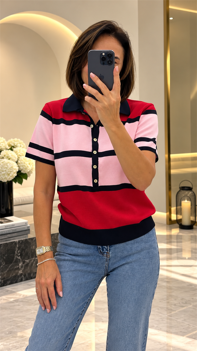 Kırmızı Polo Yaka Önü Düğmeli Triko 5469