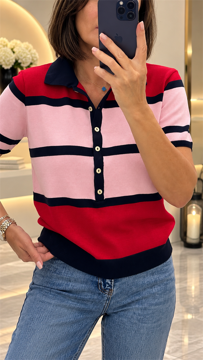 Kırmızı Polo Yaka Önü Düğmeli Triko 5469
