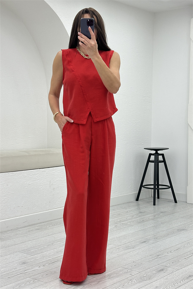 Kırmızı Tensel Bluz Pantolon Takım 5361