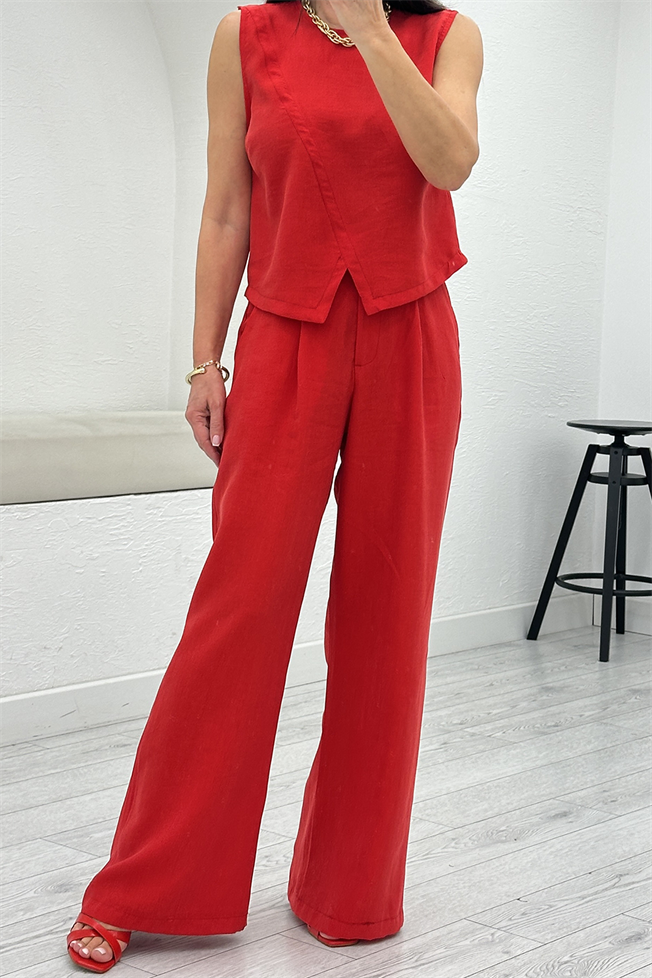 Kırmızı Tensel Bluz Pantolon Takım 5361