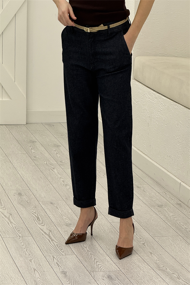Lacivert Duble Paça Kemerli Jean 01109