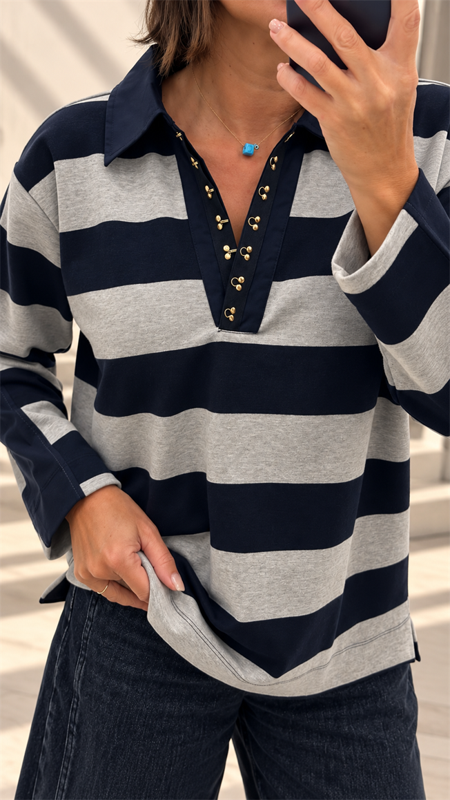 Lacivert-Gri Polo Yaka Çizgili Sweatshirt 4321