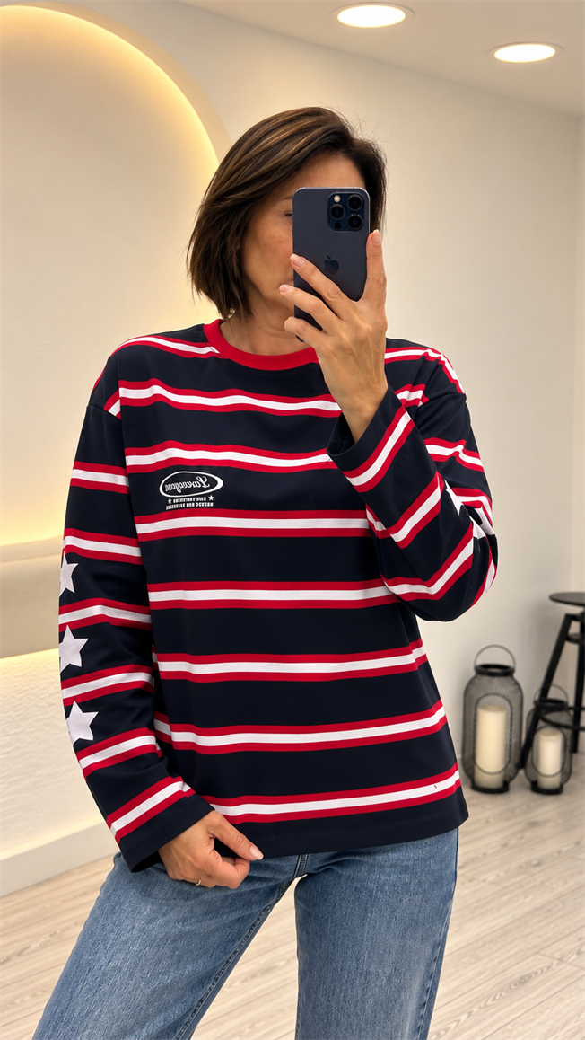 Lacivert-Kırmızı Çizgili Tshirt 4821