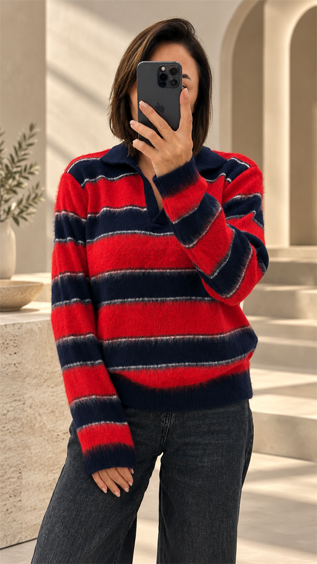 Lacivert Polo Yaka Şardonlu Kazak 261174