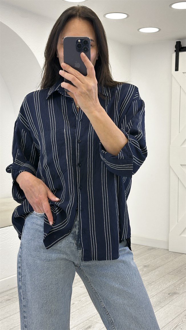 Lacivert Tek Cep Çizgili Gömlek 6608