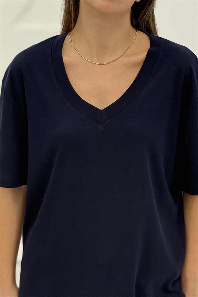 Lacivert V Yaka Kısa Kollu Tshirt 3296
