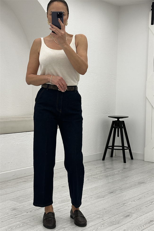 Lacivert Rins Yıkamalı Yüksek Bel Tensel Baggy Jean 3001