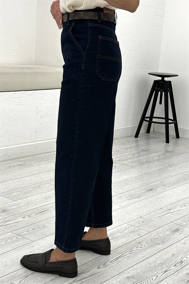 Lacivert Rins Yıkamalı Yüksek Bel Tensel Baggy Jean 3001