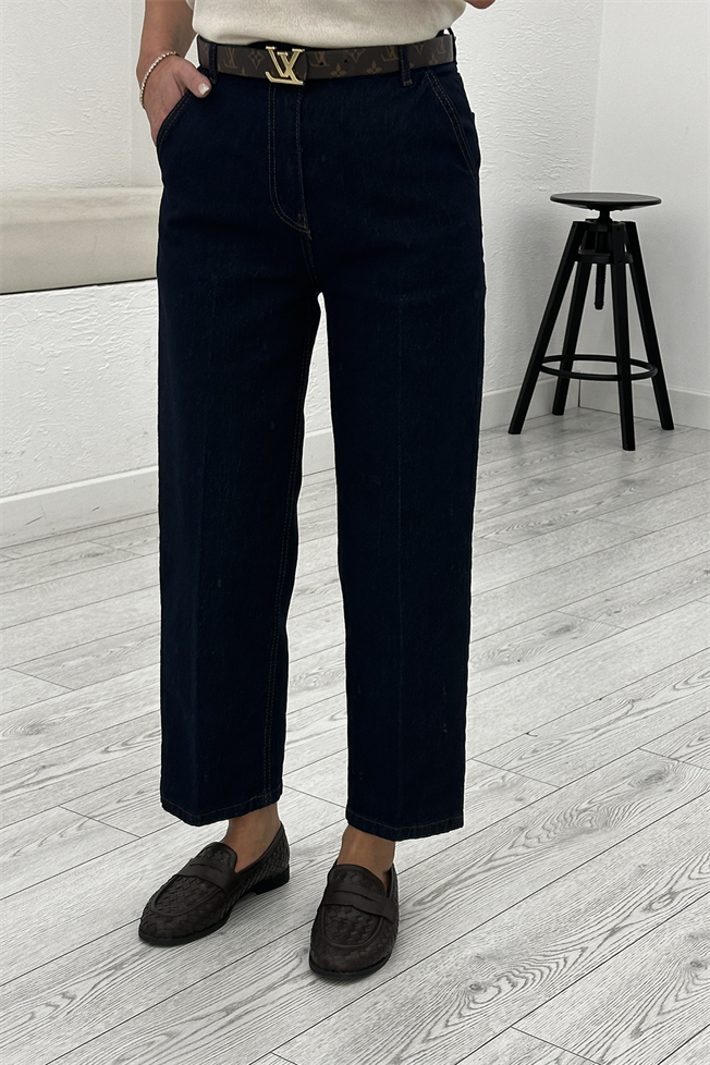 Lacivert Rins Yıkamalı Yüksek Bel Tensel Baggy Jean 3001