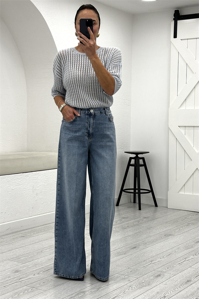 Mavi Beli Lastikli Wide Leg Jean 26716