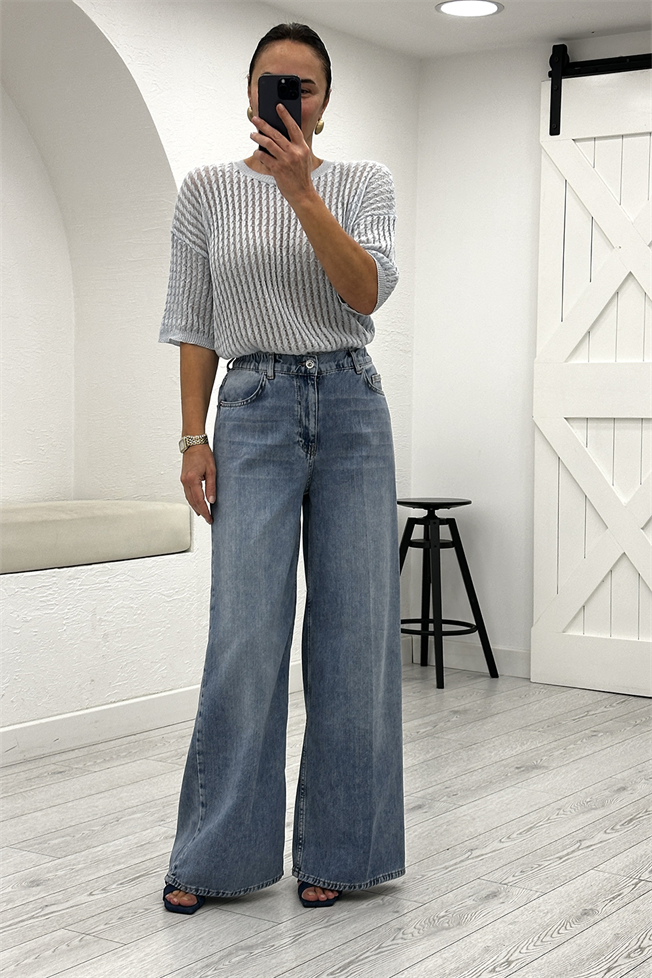 Mavi Beli Lastikli Wide Leg Jean 26716