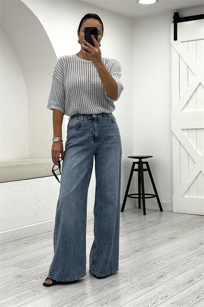 Mavi Beli Lastikli Wide Leg Jean 26716