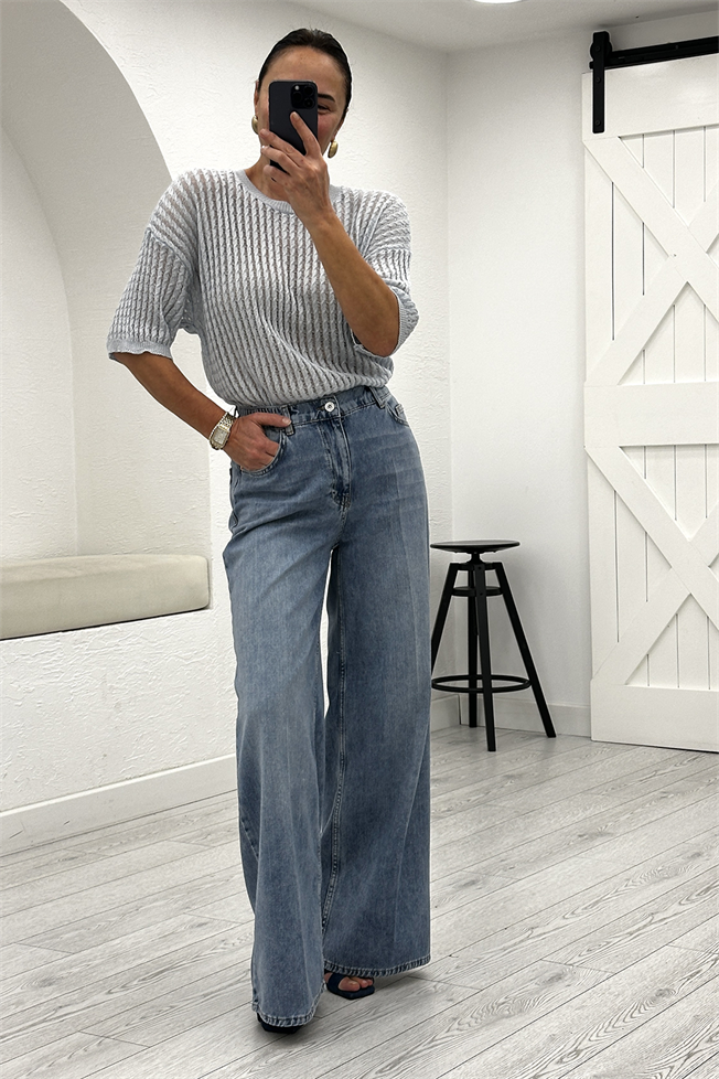 Mavi Beli Lastikli Wide Leg Jean 26716