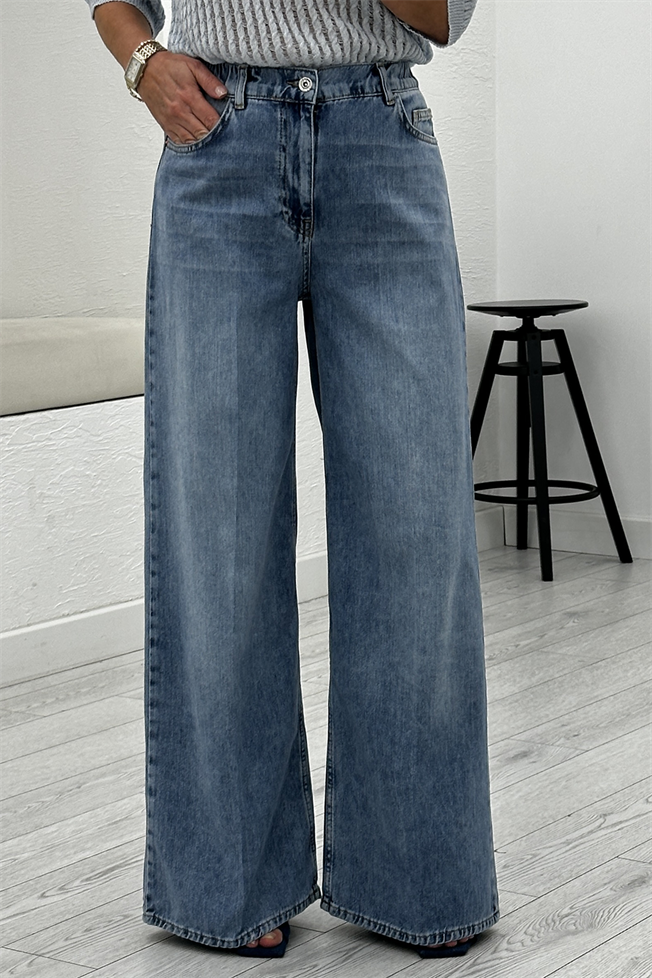 Mavi Beli Lastikli Wide Leg Jean 26716