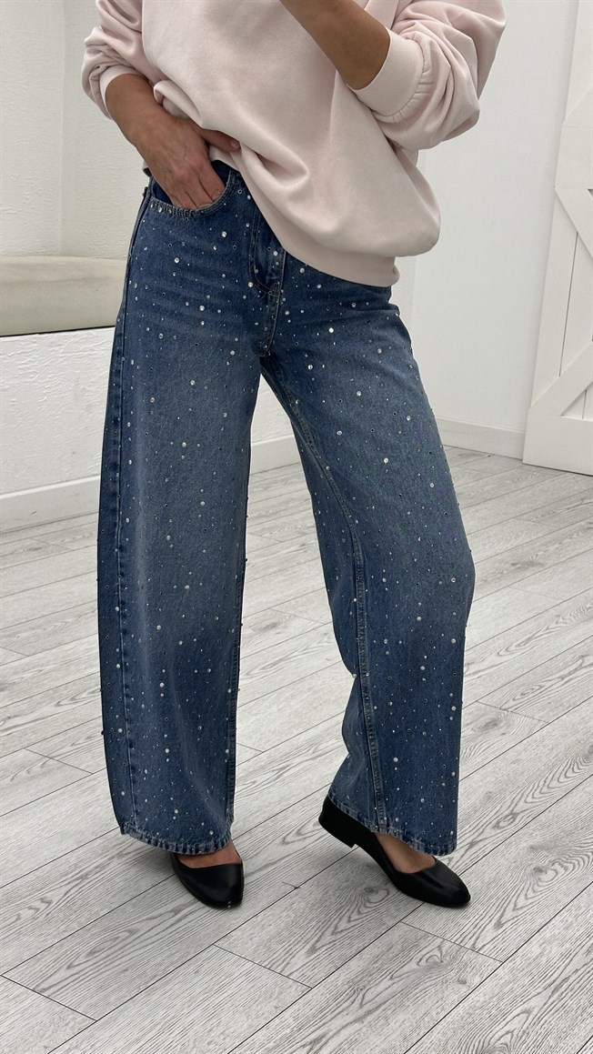 Mavi Taş Detaylı Wide Leg Jean 8014