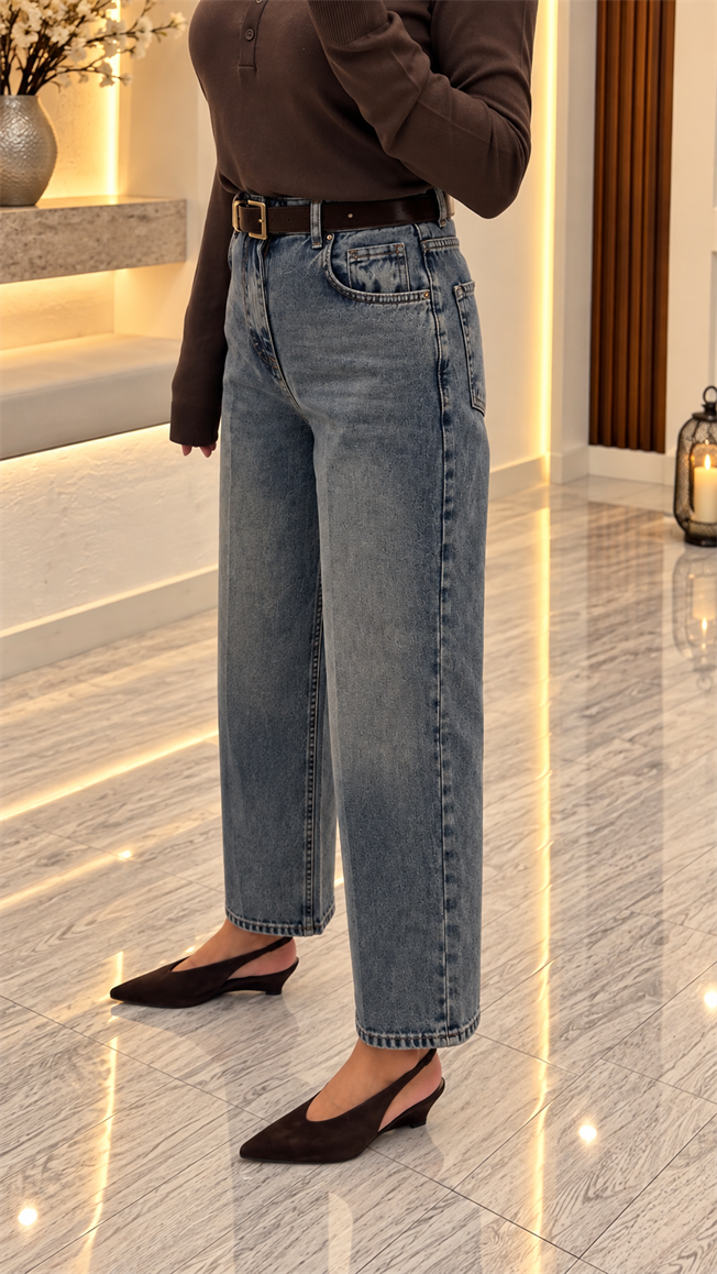 Mavi Tint Yıkama Kemerli Skater Jean 6375