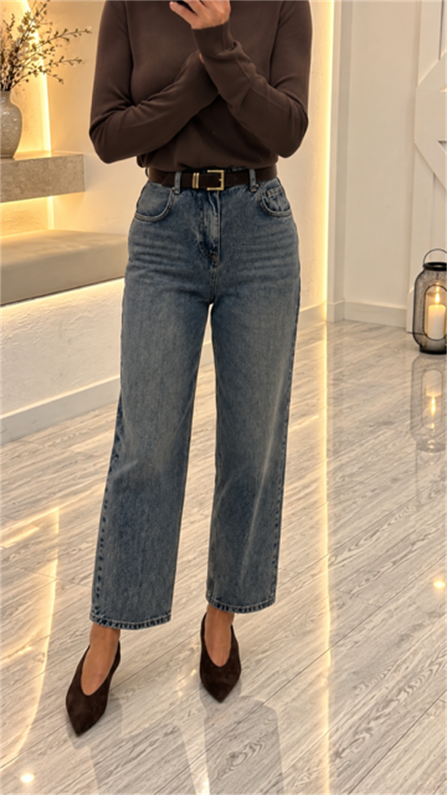 Mavi Tint Yıkama Kemerli Skater Jean 6375