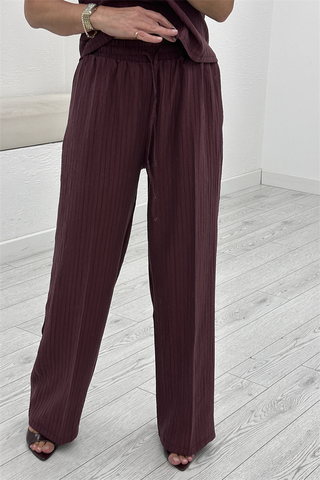 Mürdüm Çizgili Bluz Pantolon Takım 5088