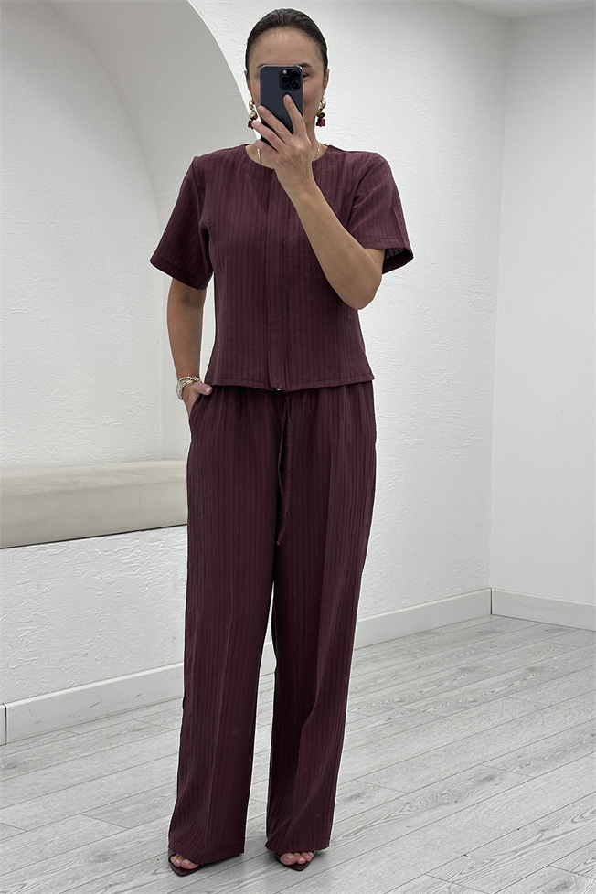 Mürdüm Çizgili Bluz Pantolon Takım 5088