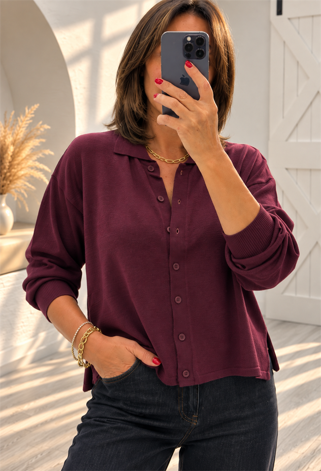Mürdüm Polo Yaka Hırka 5490