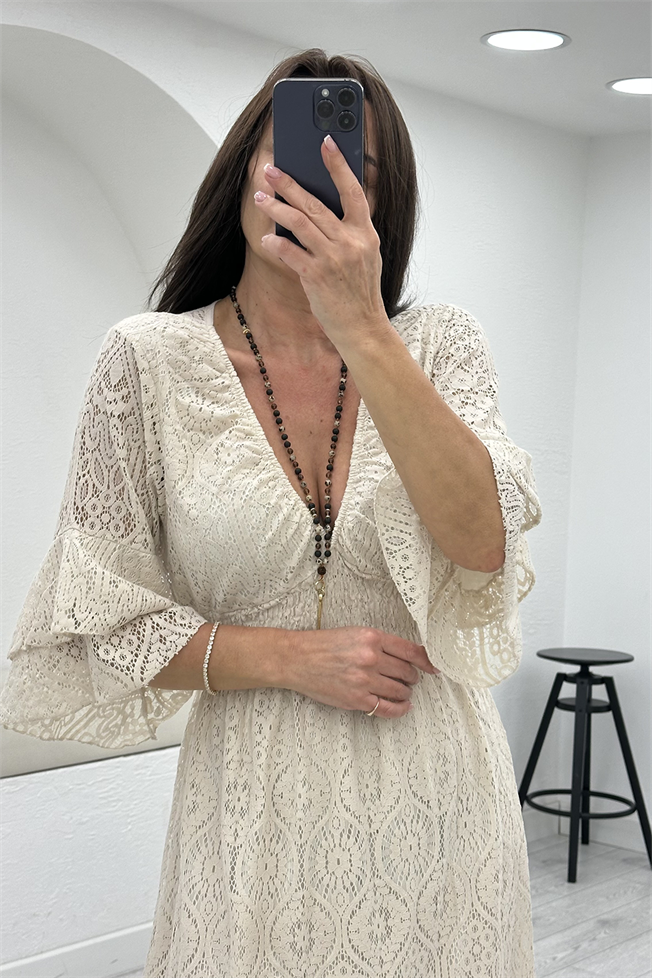 Naturel Dantelli Beli Büzgülü Elbise 105509