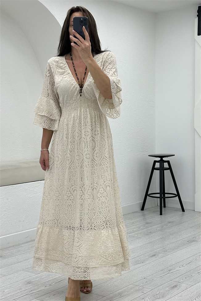 Naturel Dantelli Beli Büzgülü Elbise 105509