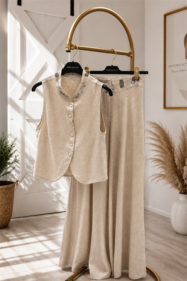 Naturel Keten Yelek Pantolon Takım 39704