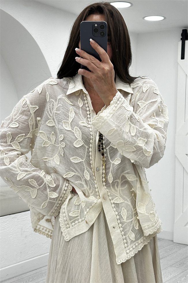 Naturel Yaprak Desenli Gömlek 39719