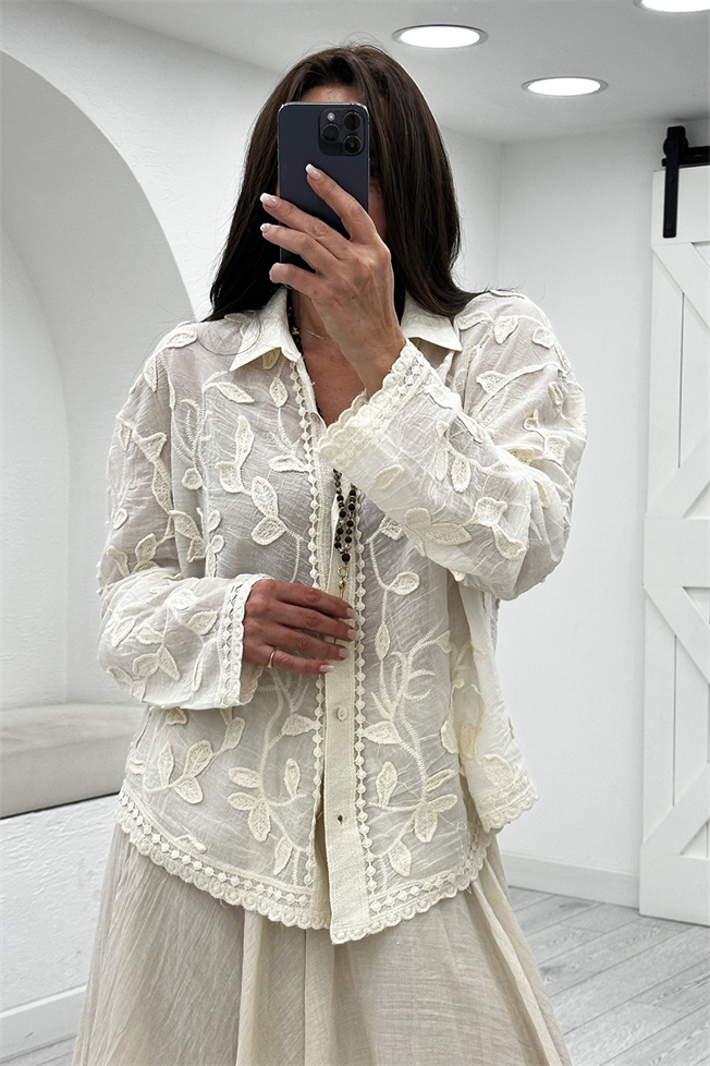 Naturel Yaprak Desenli Gömlek 39719