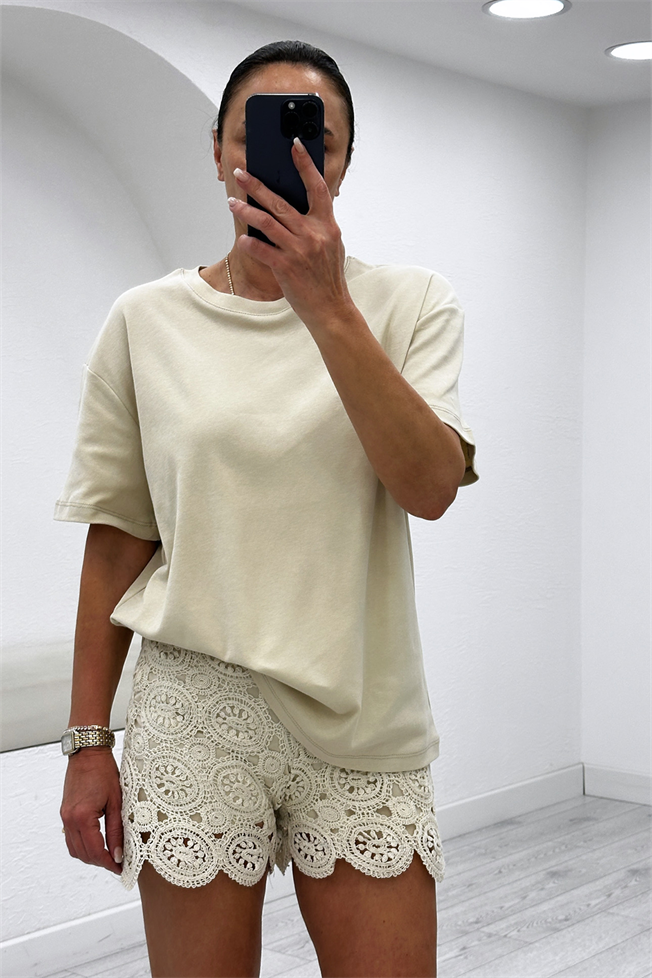 Naturel Kroşe Örgü Desenli Şort 40598