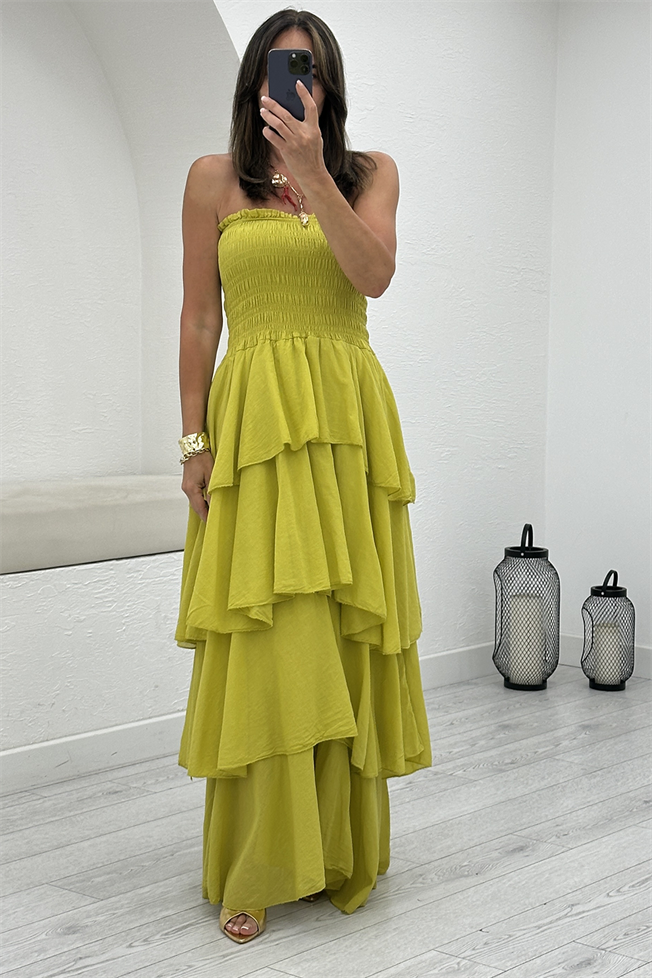 Olive Katlı Elbise 5052