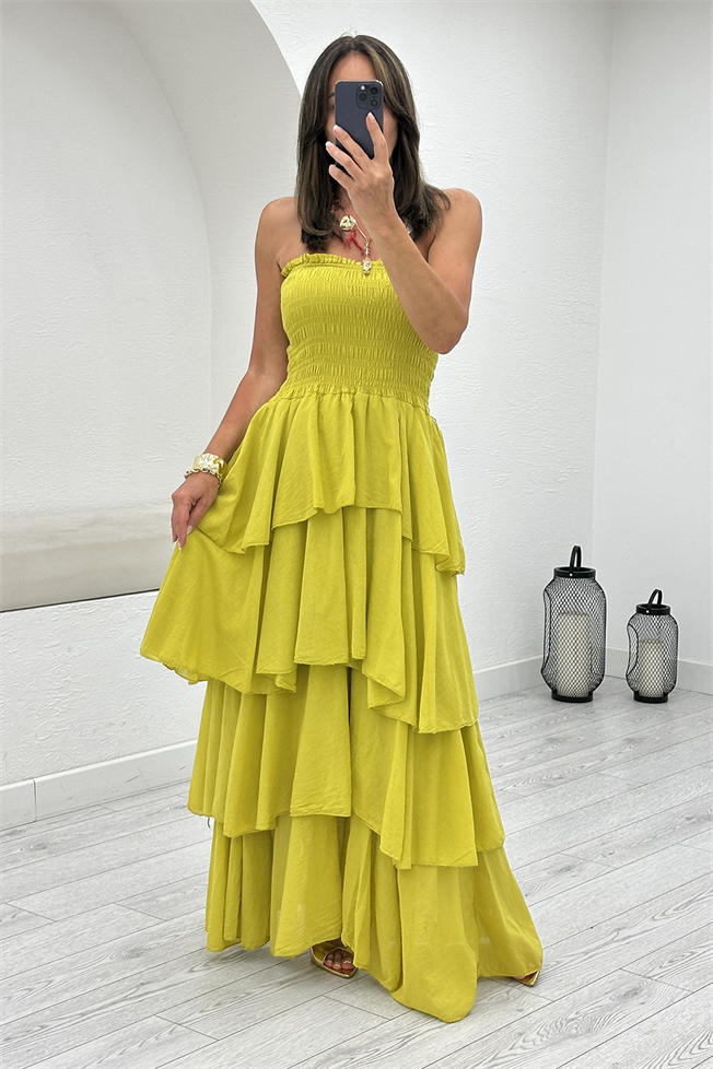 Olive Katlı Elbise 5052