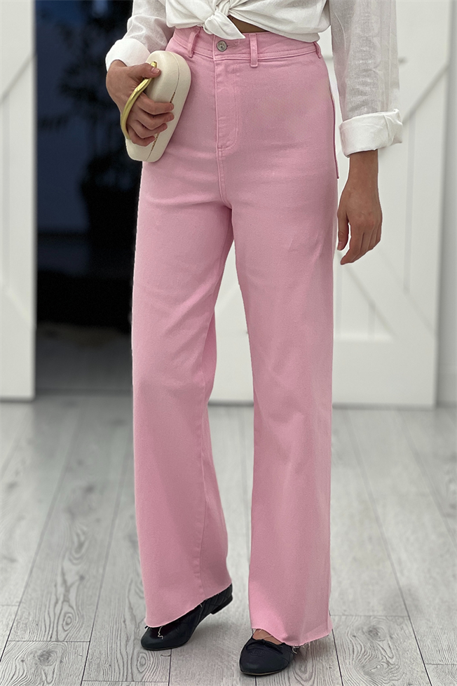 Pembe Yüksek Bel Kesik Paça Wide Leg Jean 24161