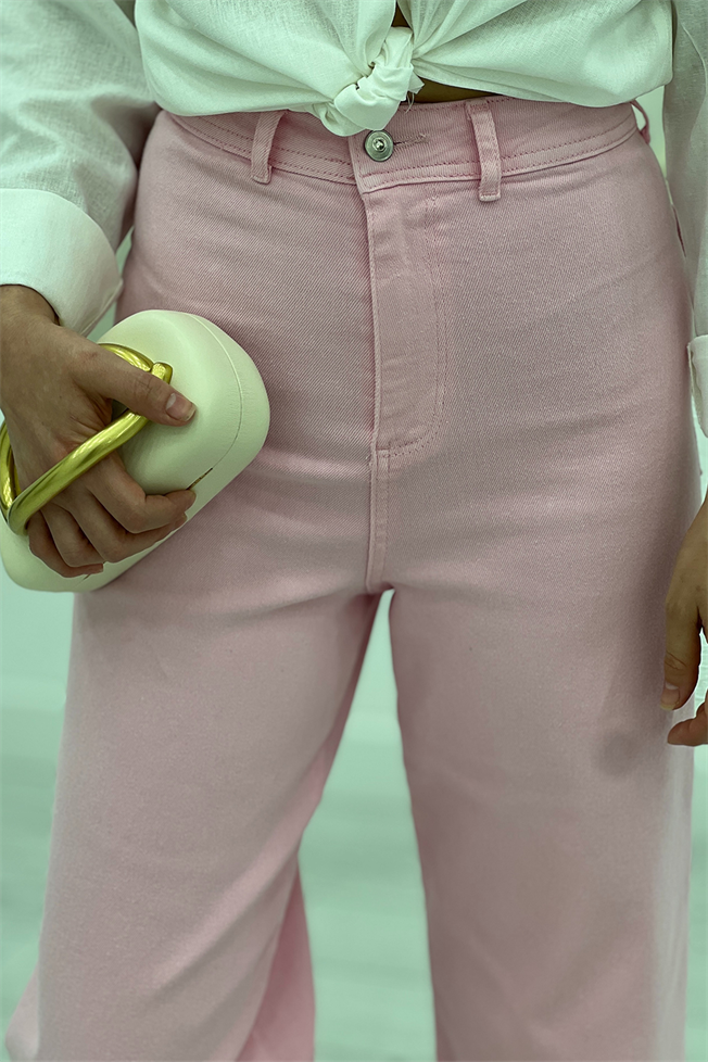 Pembe Yüksek Bel Kesik Paça Wide Leg Jean 24161
