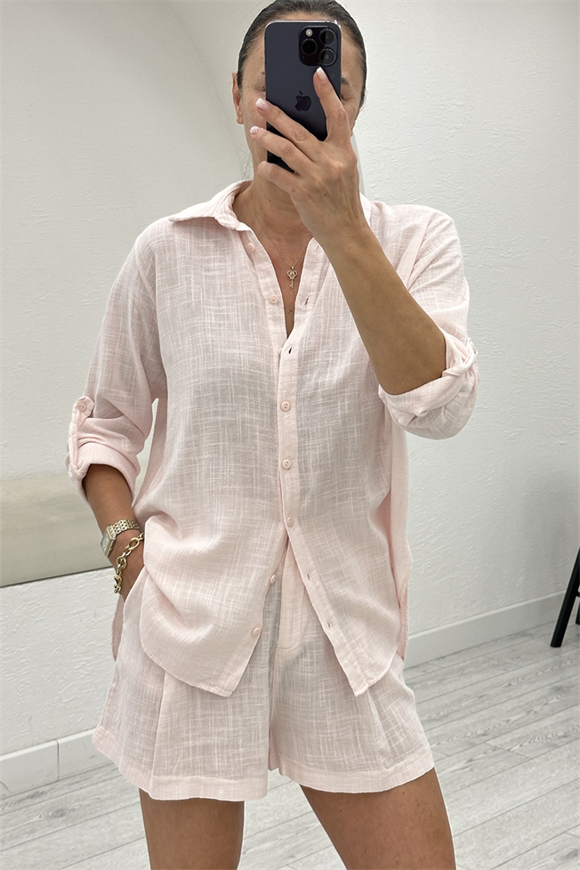 Pembe Gömlek Şort Takım 3873